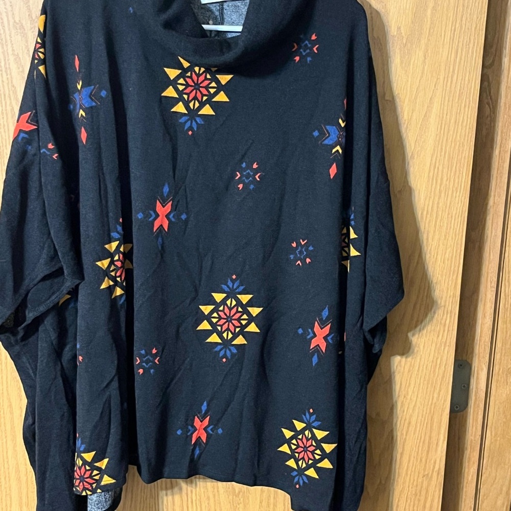 JADE by JANE Black Poncho Sweater with Yellow & Red Accents